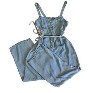 Lulu's Light Blue Denim Jumpsuit with Gold Button Size L